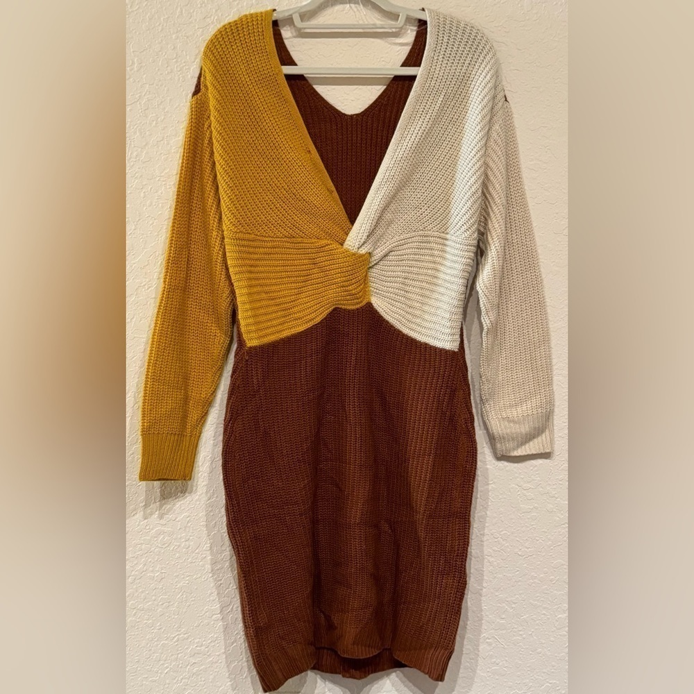 NEW Ashley Stewart Colorblock Cable Knit V-Back Knot Sweater Dress Size 14/16 - Picture 6 of 10